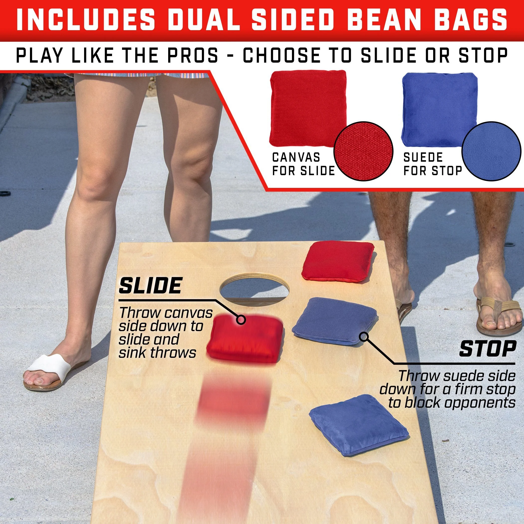 Dual Sided Side & Stop Cornhole Bean Bag, 8-pk | Red Blue - Image 2