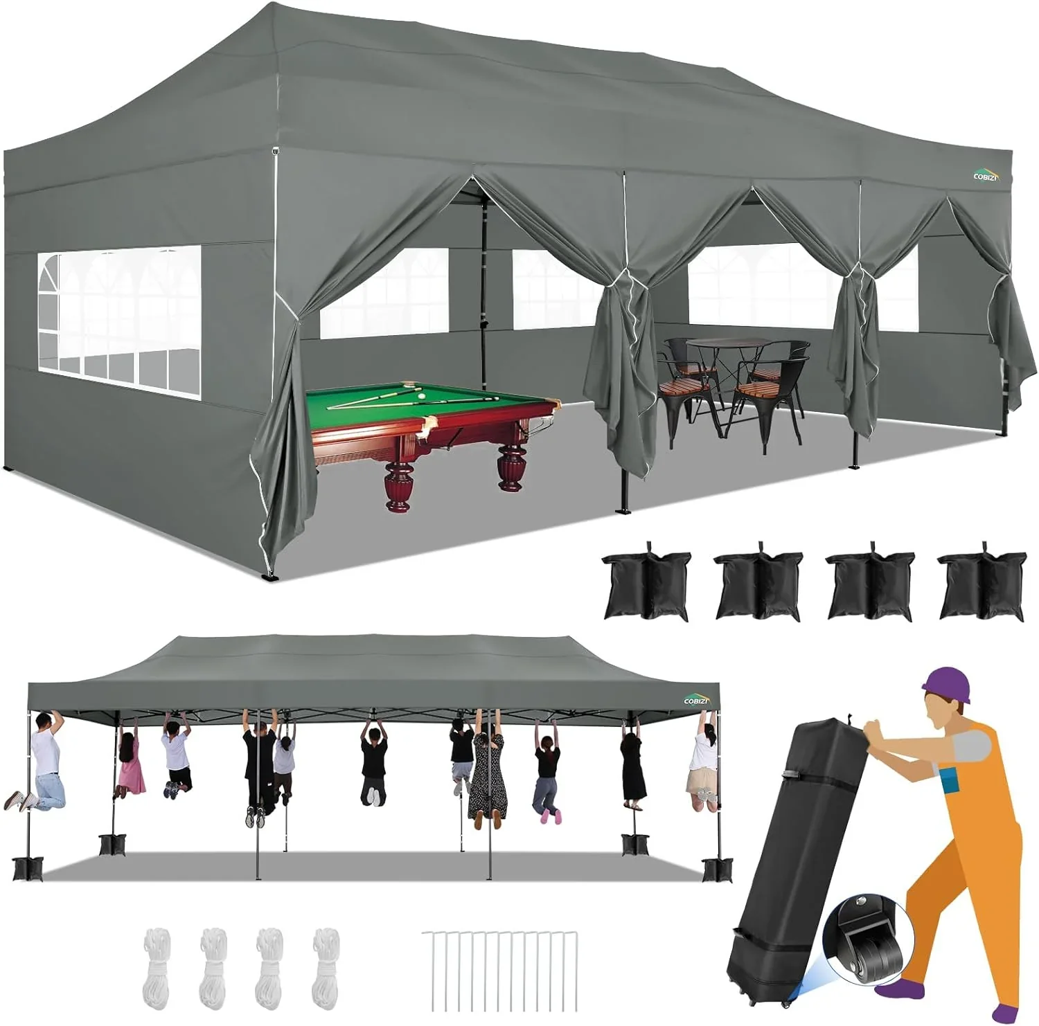 COBIZI 10x20 Heavy Duty Pop up Canopy Tent with 6 sidewalls Easy Up Commercial Outdoor Canopy Wedding Party Tents for Parties All Season Wind & Waterproof Gazebo with Roller Bag,Black(Frame Thickened) - Image 30