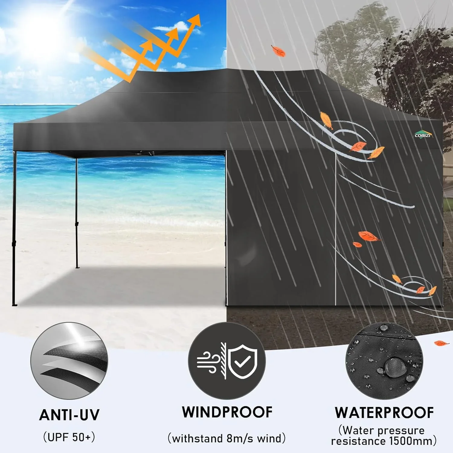 COBIZI 10x20 Heavy Duty Pop up Canopy Tent with 6 sidewalls Easy Up Commercial Outdoor Canopy Wedding Party Tents for Parties All Season Wind & Waterproof Gazebo with Roller Bag,Black(Frame Thickened) - Image 44