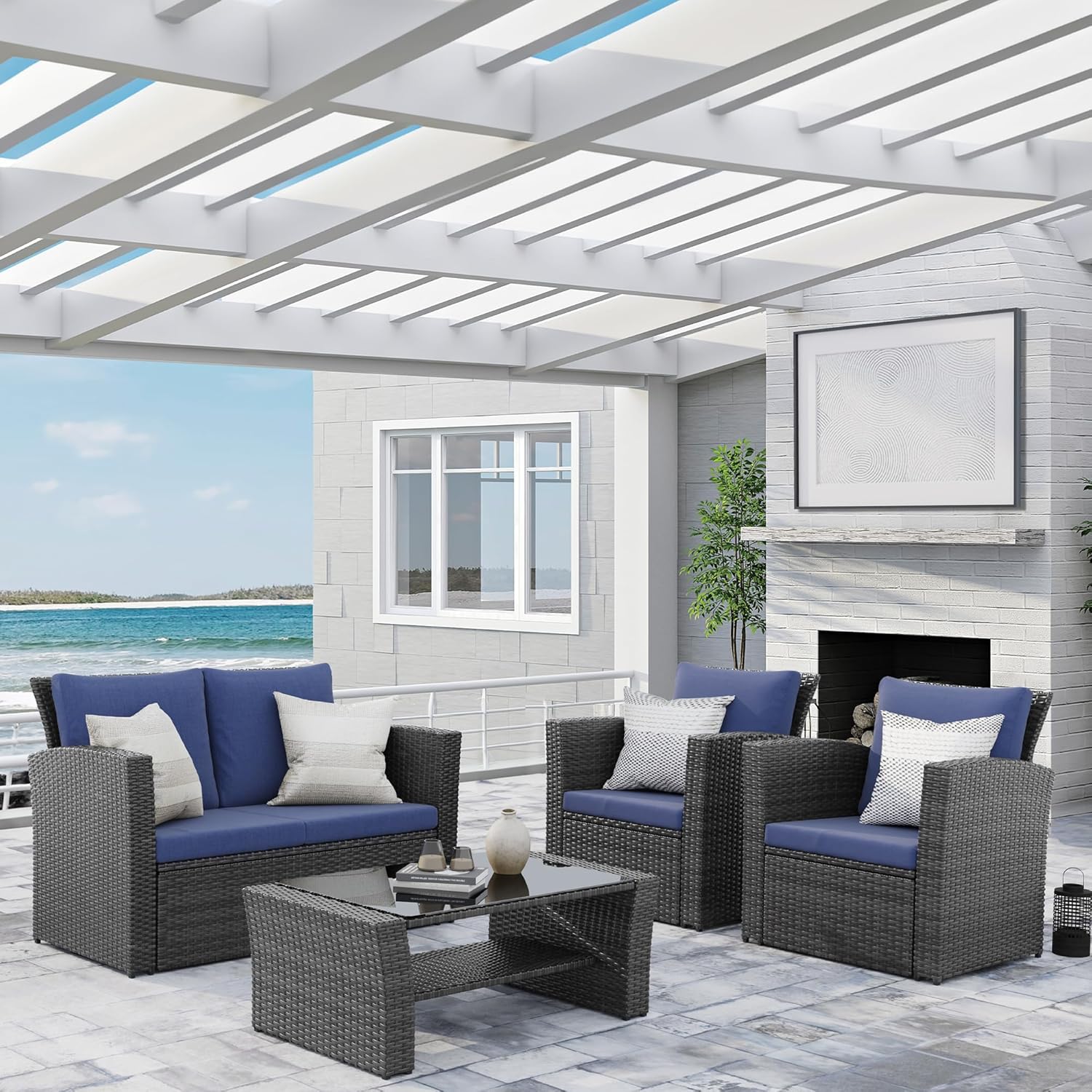 Wisteria Lane 4 Piece Outdoor Patio Furniture Sets, Wicker Conversation Set for Porch Deck, Grey Rattan Sofa Chair with Cushion Blue - Image 24