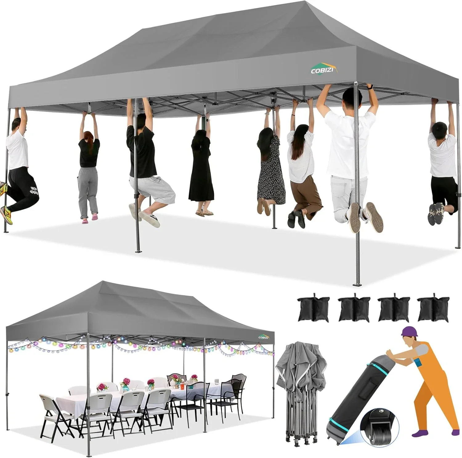 COBIZI 10x20 Heavy Duty Pop up Canopy Tent with 6 sidewalls Easy Up Commercial Outdoor Canopy Wedding Party Tents for Parties All Season Wind & Waterproof Gazebo with Roller Bag,Black(Frame Thickened) - Image 13