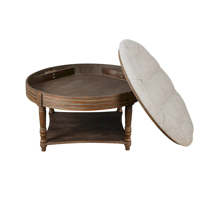 Round Storage Ottoman Coffee Table with Tufted Seat and Wooden Base - Image 7