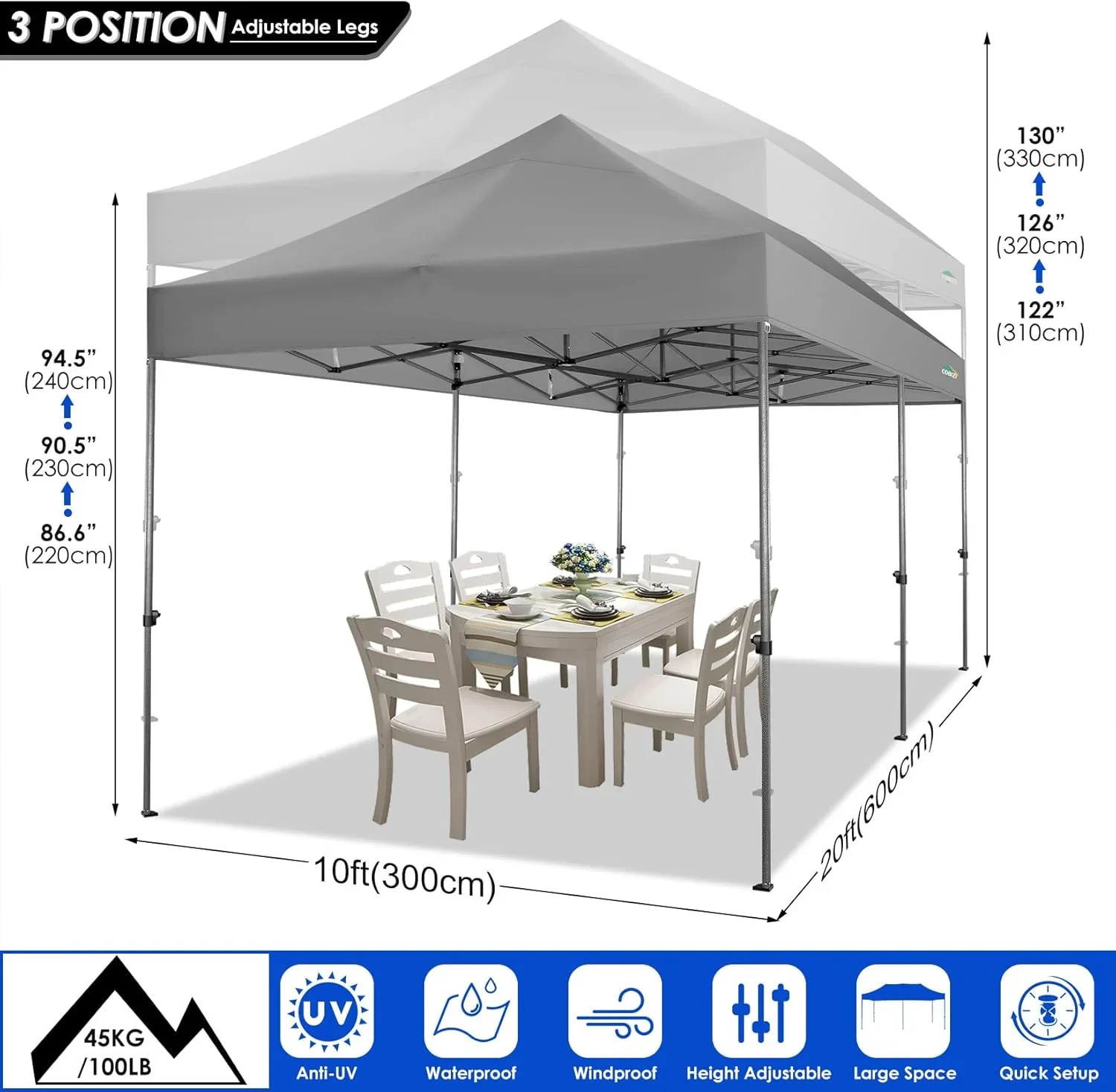 COBIZI 10x20 Heavy Duty Pop up Canopy Tent with 6 sidewalls Easy Up Commercial Outdoor Canopy Wedding Party Tents for Parties All Season Wind & Waterproof Gazebo with Roller Bag,Black(Frame Thickened) - Image 148