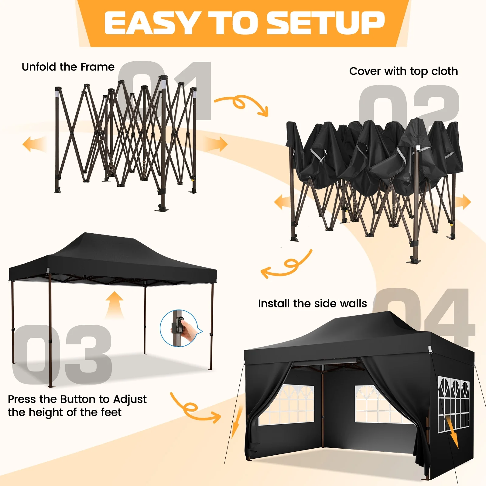 COBIZI 10x15 Pop Up Canopy Tent Heavy Duty with Sidewall, Commercial Outdoor Easy Pop Up Gazebo for Party Wedding All Weather Waterproof UV 50+ with Roller Bag(Leg Upgraded),Black - Image 6