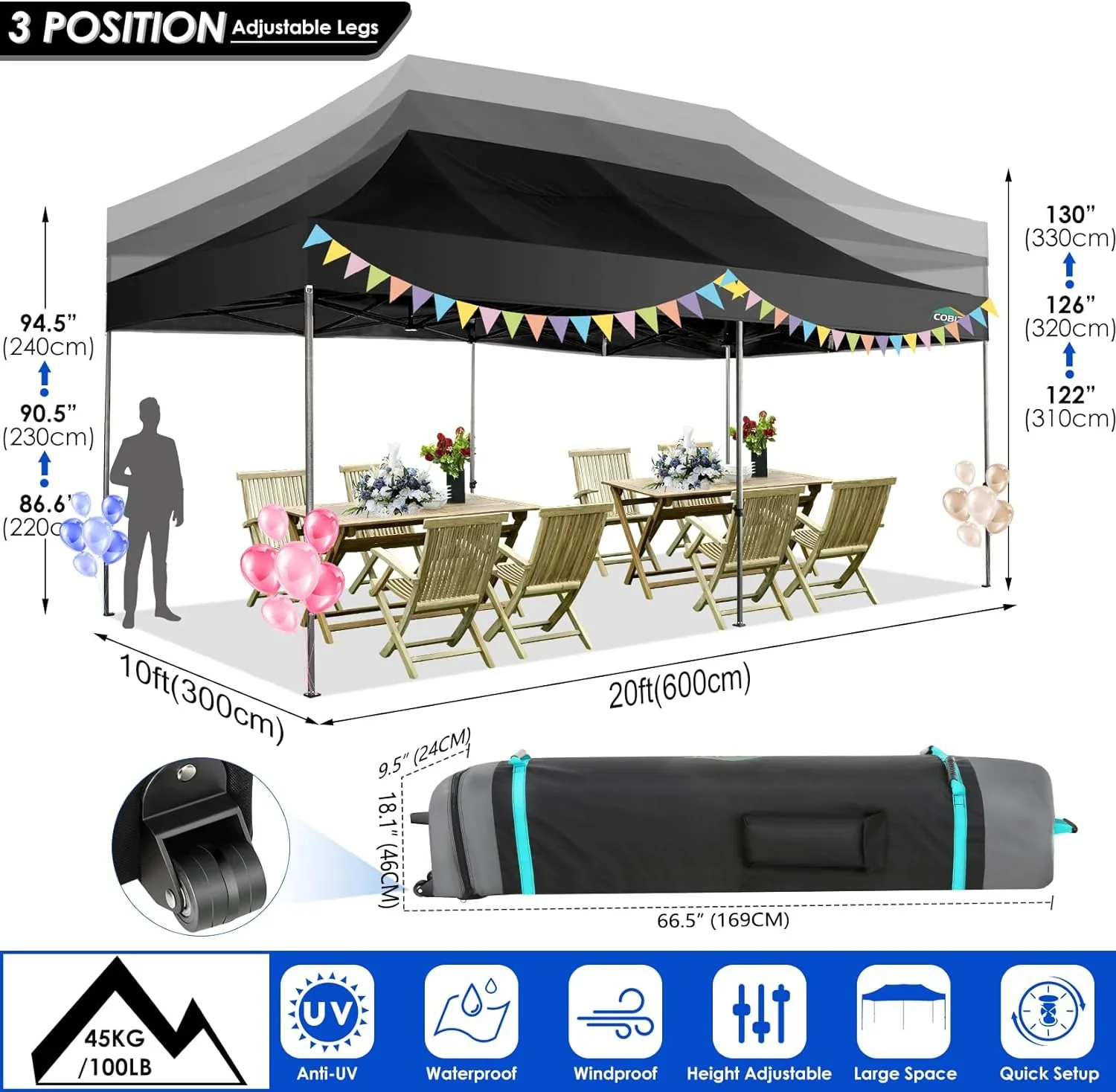 COBIZI 10x20 Heavy Duty Pop up Canopy Tent with 6 sidewalls Easy Up Commercial Outdoor Canopy Wedding Party Tents for Parties All Season Wind & Waterproof Gazebo with Roller Bag,Black(Frame Thickened) - Image 66