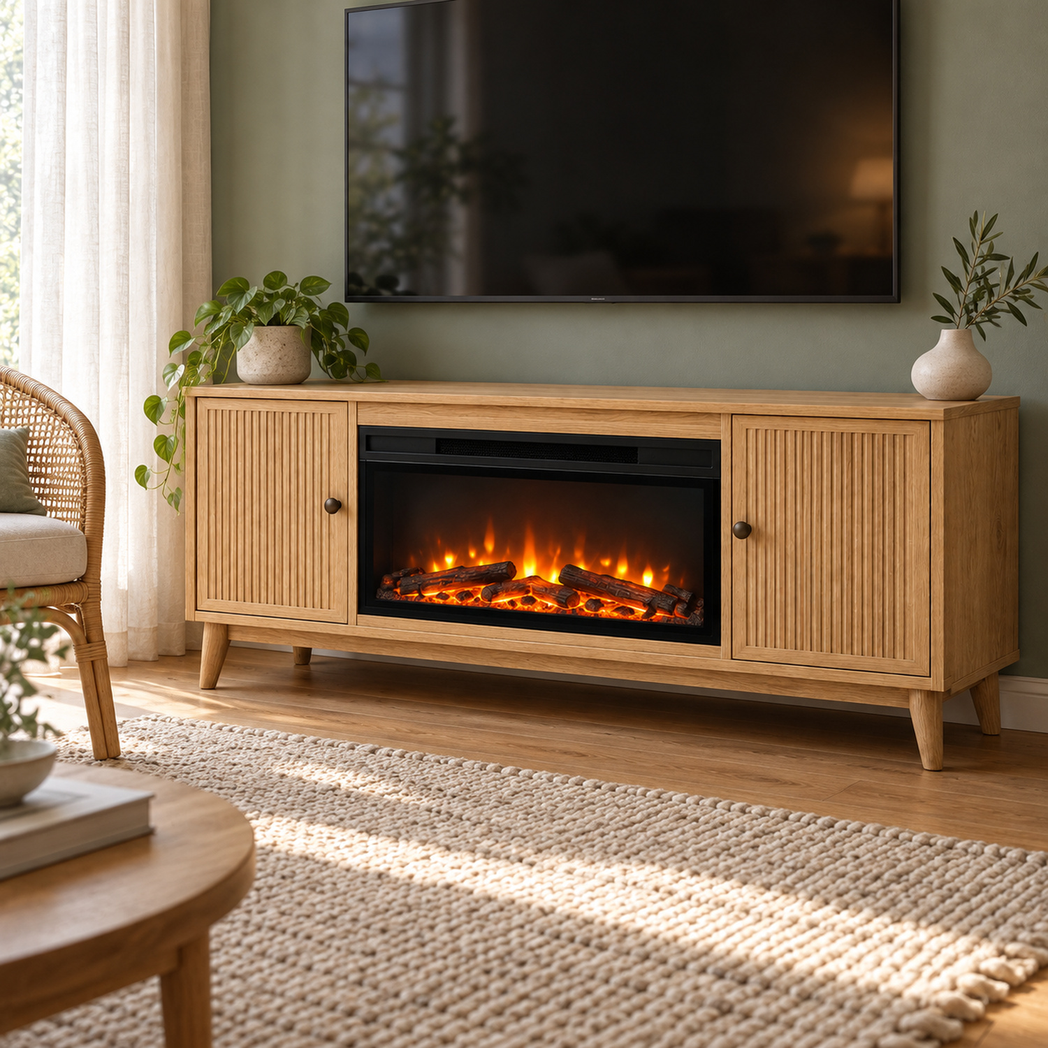 Light Oak Fluted Electric Fireplace TV Stand, 63-Inch - Image 4
