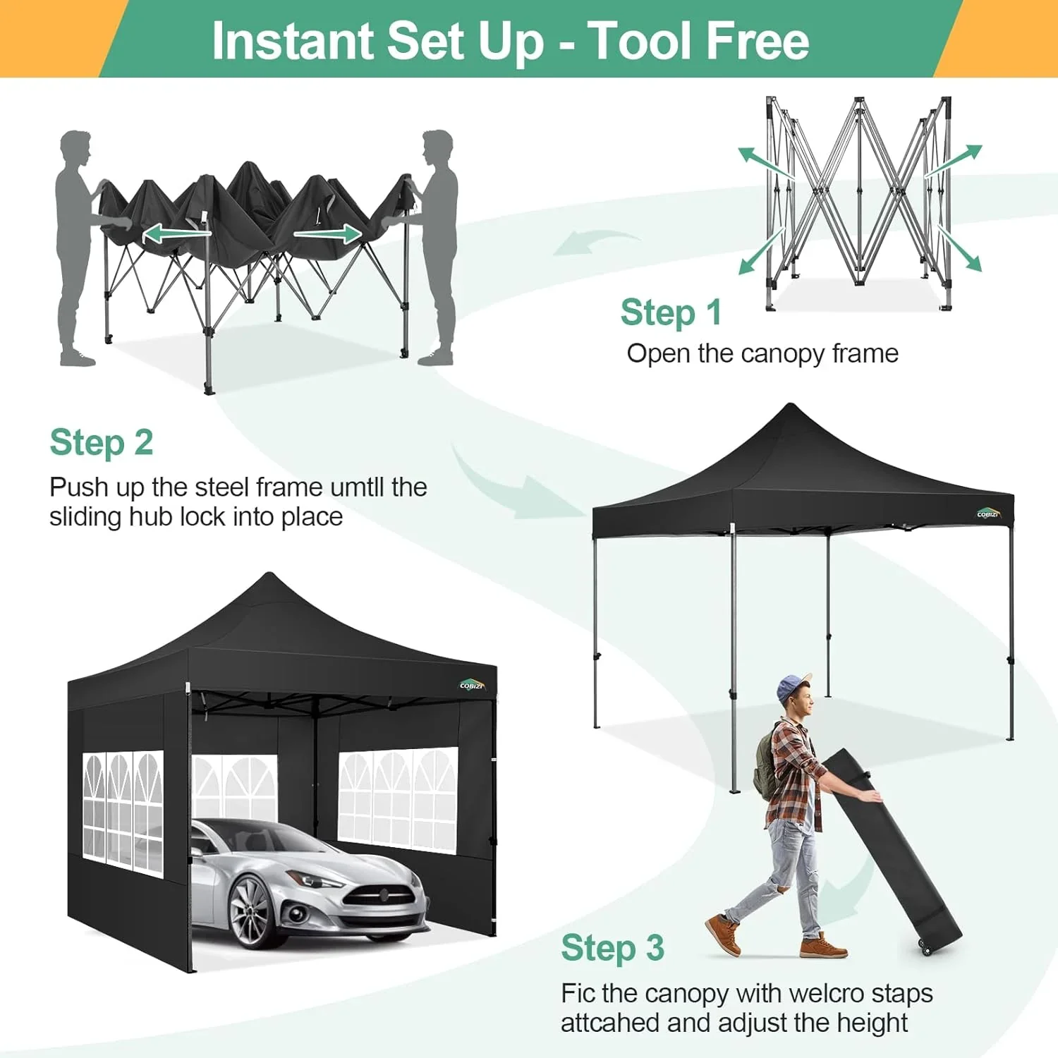 COBIZI 10x20 Heavy Duty Pop up Canopy Tent with 6 sidewalls Easy Up Commercial Outdoor Canopy Wedding Party Tents for Parties All Season Wind & Waterproof Gazebo with Roller Bag,Black(Frame Thickened) - Image 100