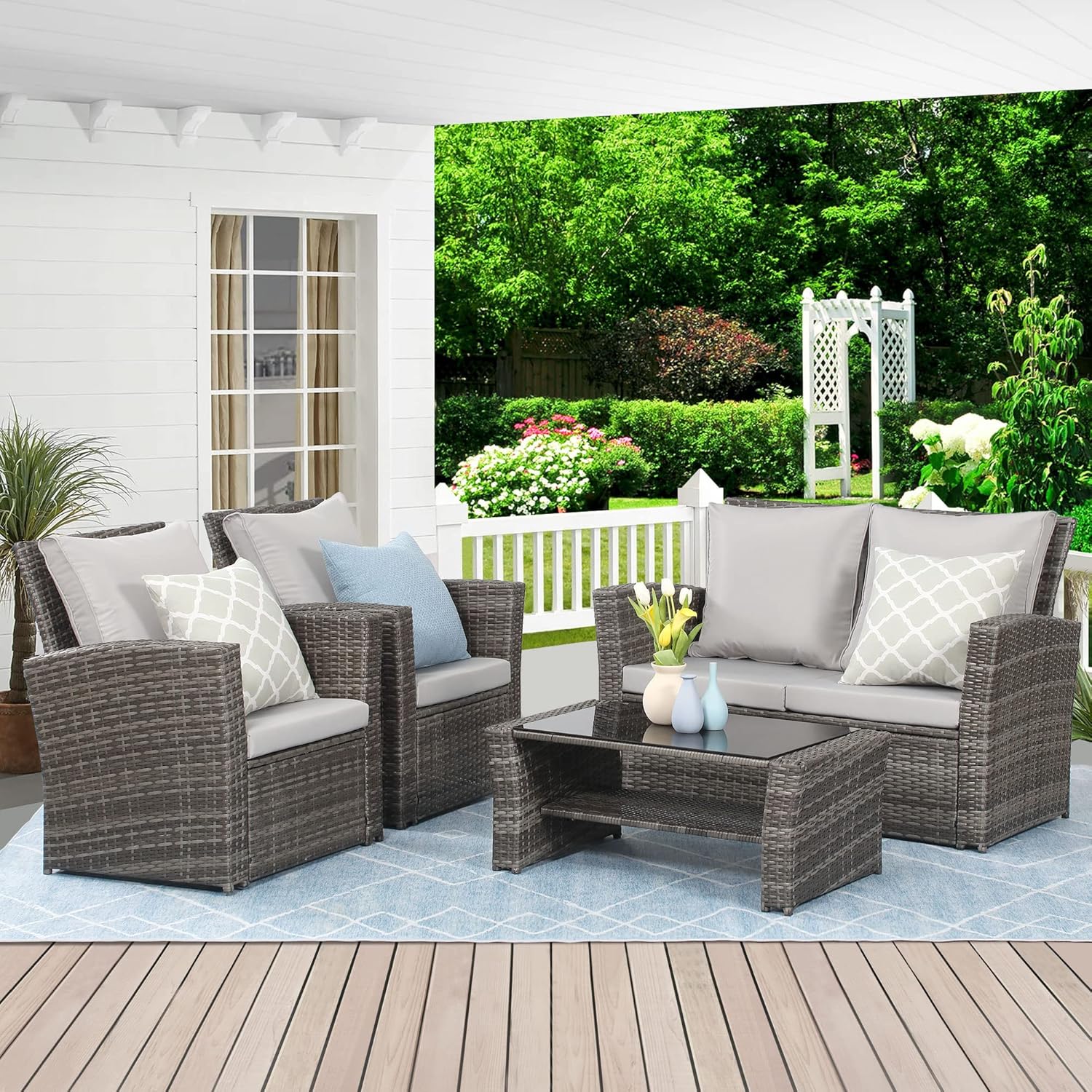 Wisteria Lane 4 Piece Outdoor Patio Furniture Sets, Wicker Conversation Set for Porch Deck, Grey Rattan Sofa Chair with Cushion Blue - Image 26
