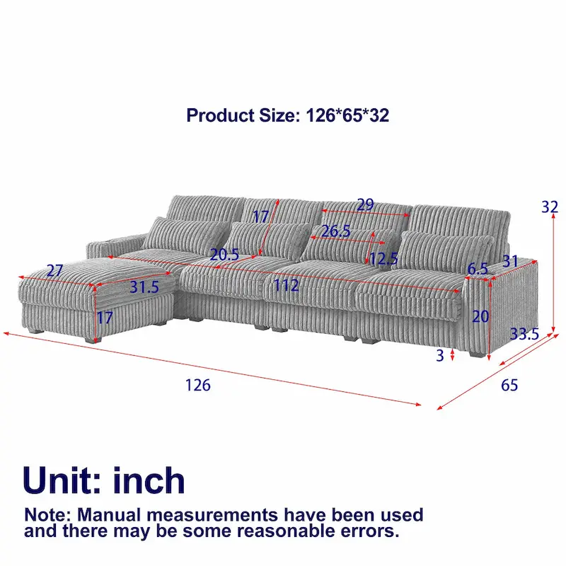126W Large L-Shaped Corduroy Sofa with USB Charging Port - Image 12