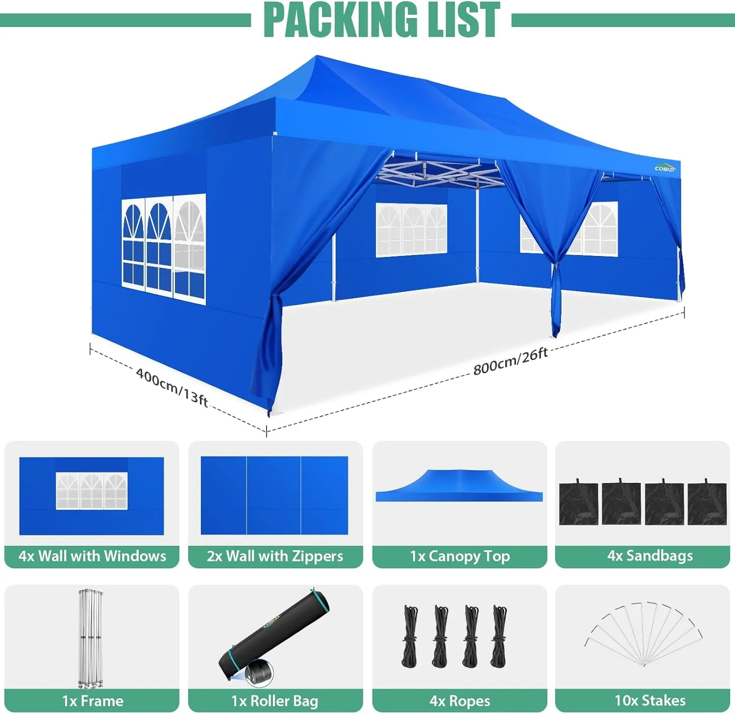 COBIZI 10x20 Heavy Duty Pop up Canopy Tent with 6 sidewalls Easy Up Commercial Outdoor Canopy Wedding Party Tents for Parties All Season Wind & Waterproof Gazebo with Roller Bag,Black(Frame Thickened) - Image 59