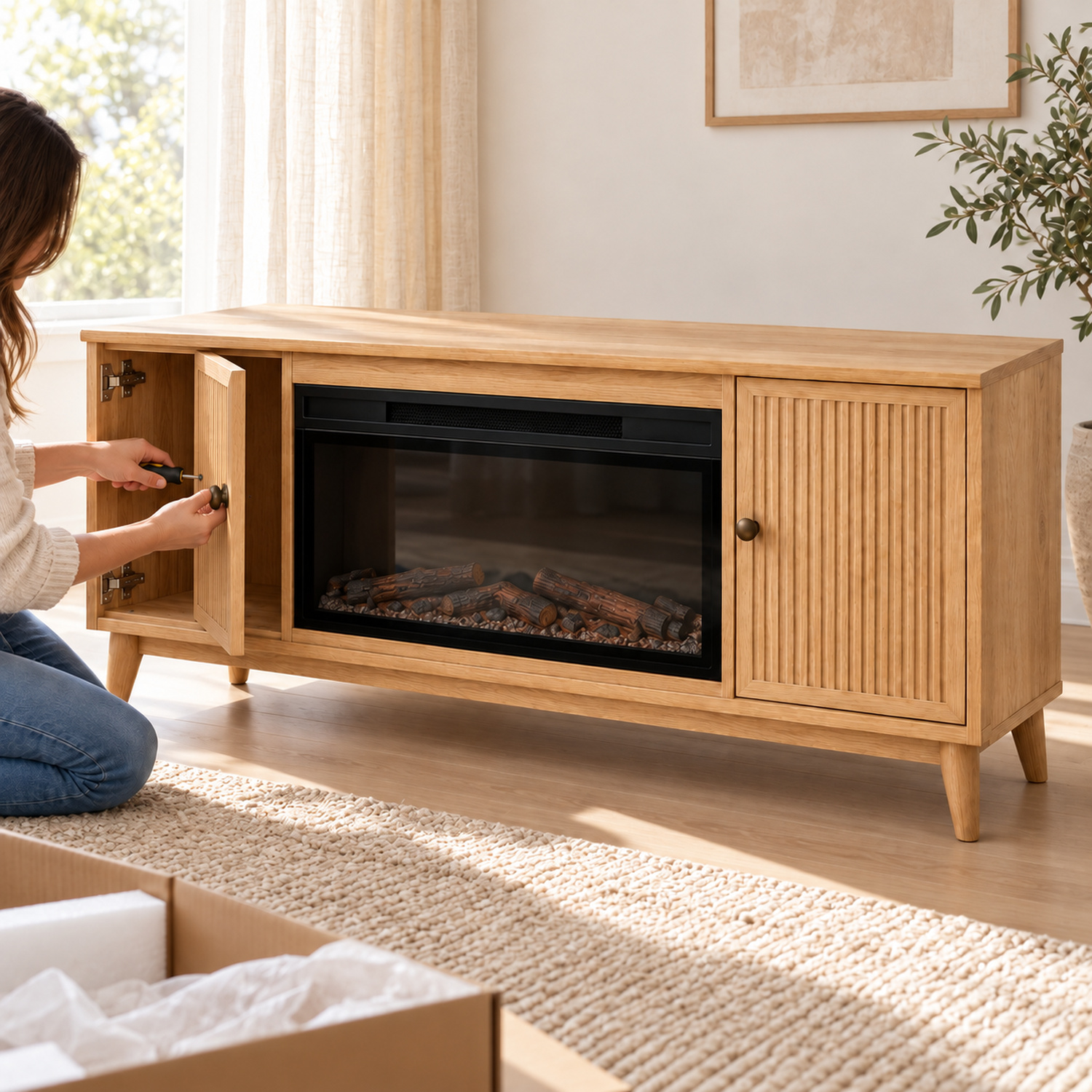 Light Oak Fluted Electric Fireplace TV Stand, 63-Inch - Image 3