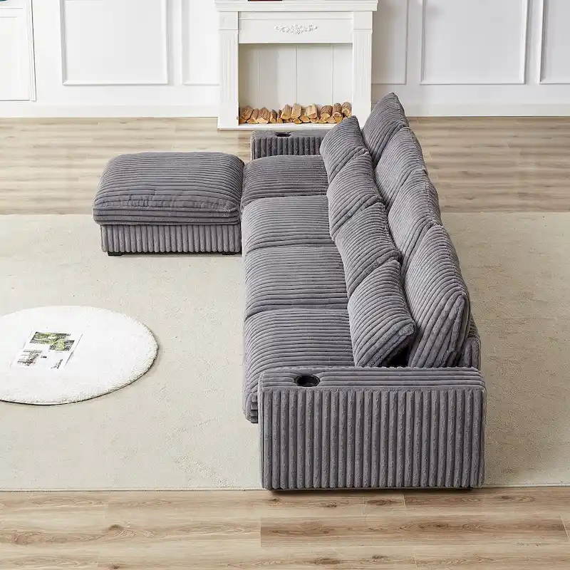 126W Large L-Shaped Corduroy Sofa with USB Charging Port - Image 27
