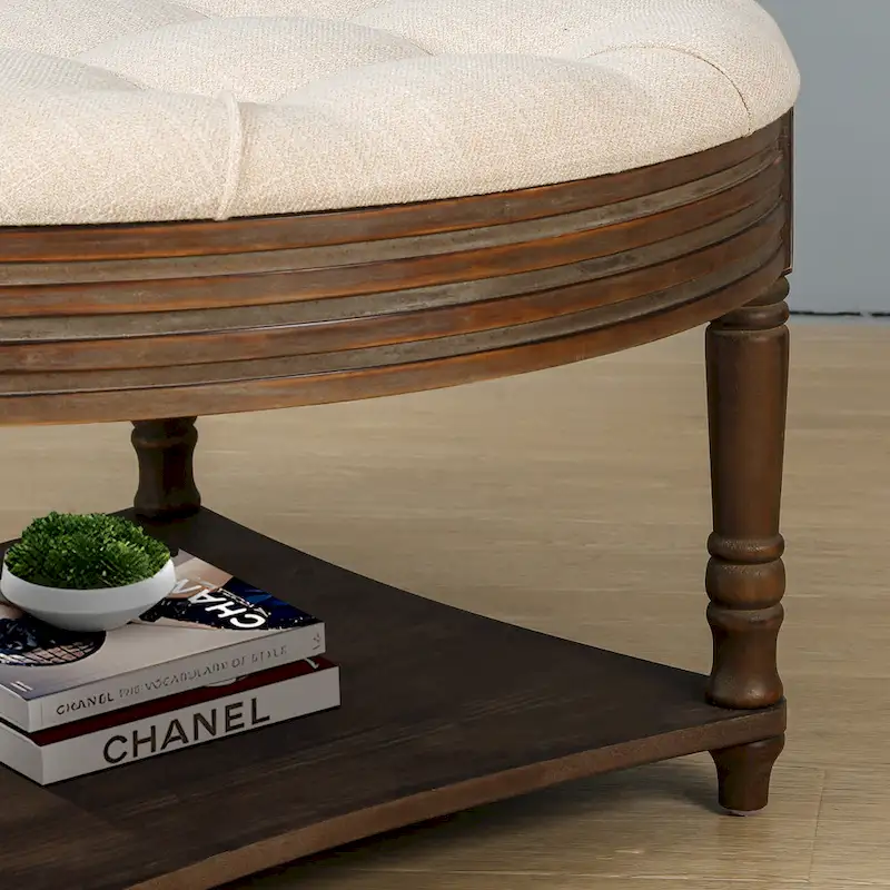 Round Storage Ottoman Coffee Table with Tufted Seat and Wooden Base - Image 15