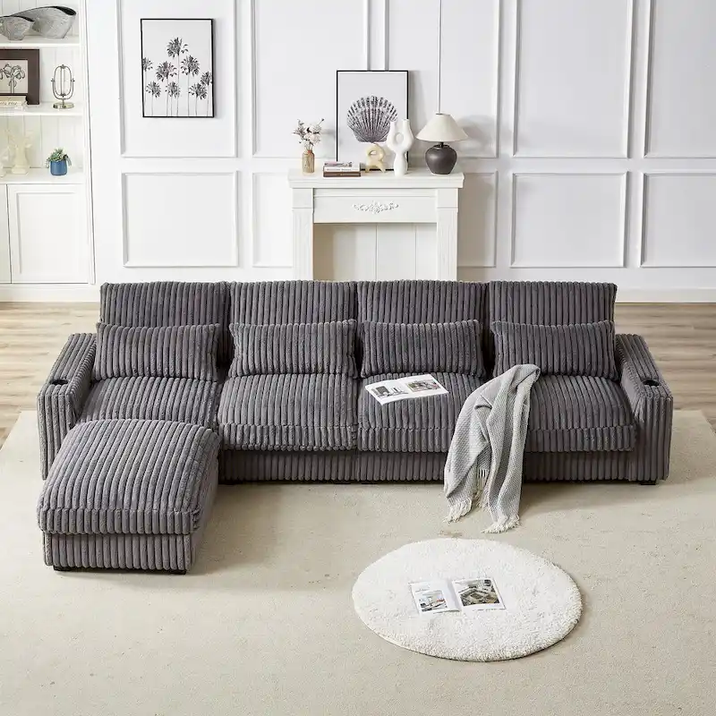 126W Large L-Shaped Corduroy Sofa with USB Charging Port - Image 22