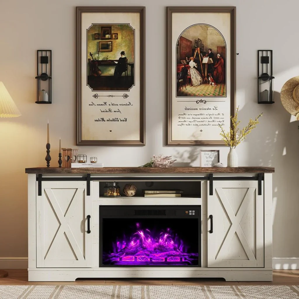 AMERLIFE Fireplace TV Stand with Sliding Barn Door for TVs up to 73", Farmhouse 63" Fireplace Entertainment Center with Storage Cabinets/Adjustable Shelves - Image 8