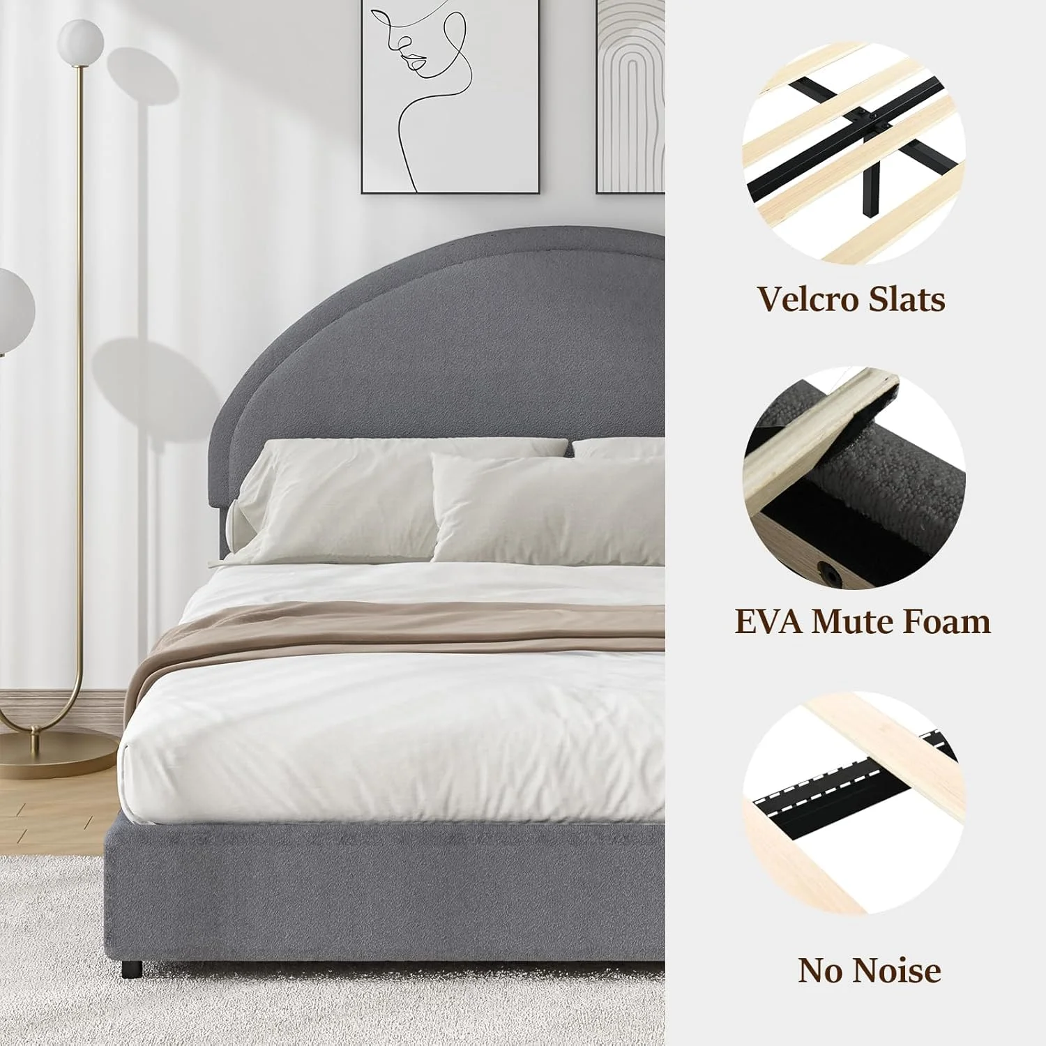 4 EVER WINNER Queen Size Bed Frame, Boucle Upholstered Bed Frame with Headboard, White Queen Bed Frame, White - Image 12
