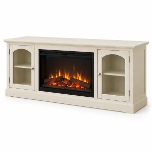 Ivory Arched Glass Door Electric Fireplace TV Stand, 59.1-Inch
