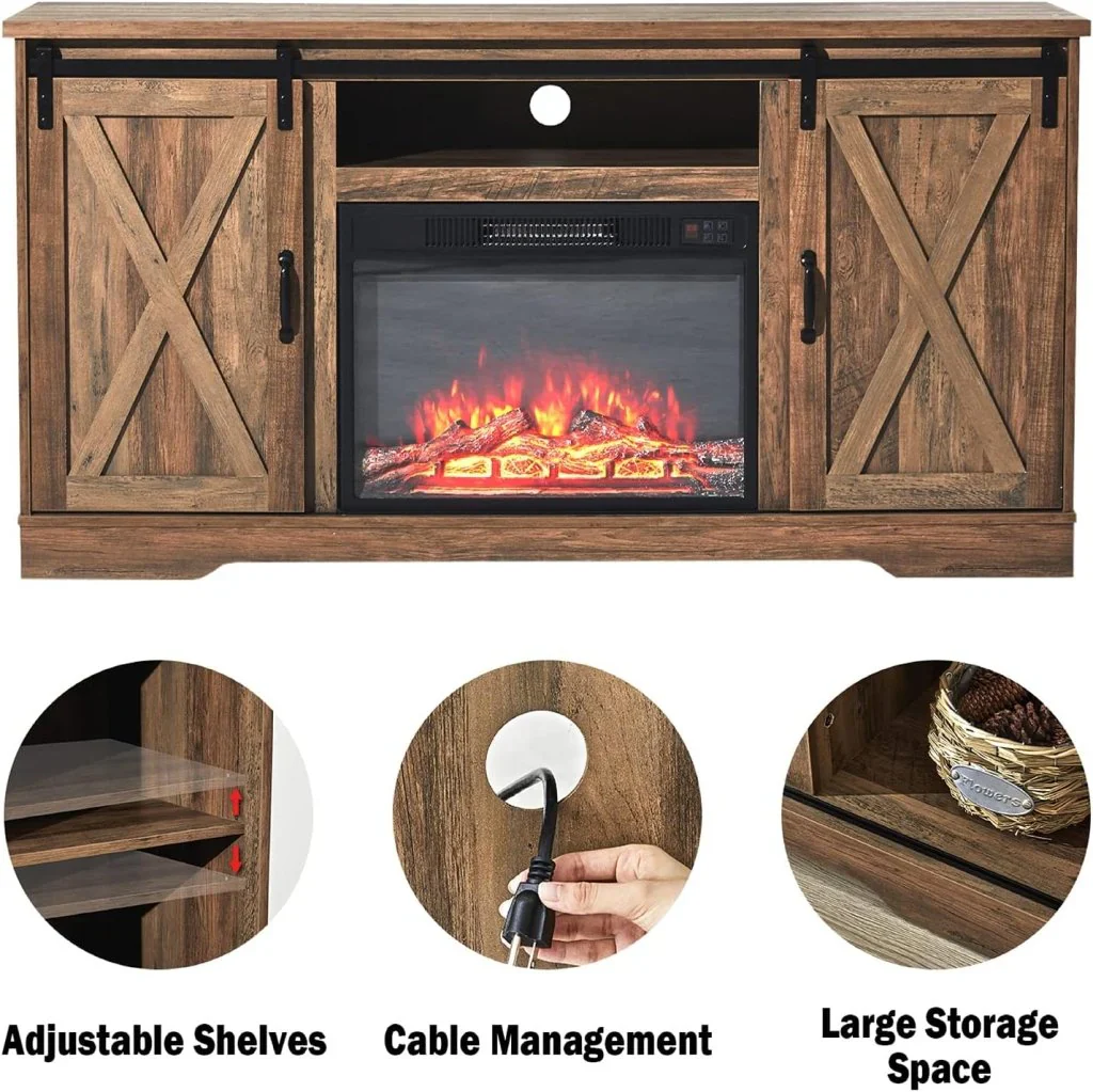 AMERLIFE Fireplace TV Stand with Sliding Barn Door for TVs up to 73", Farmhouse 63" Fireplace Entertainment Center with Storage Cabinets/Adjustable Shelves - Image 30