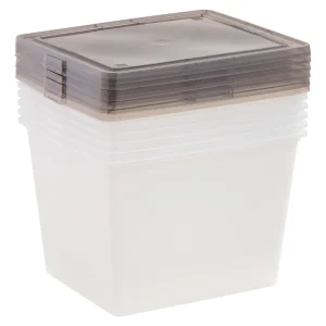 36 Qt. Stackable Box, Plastic Storage Bins with Lids, Clear, Gray Lid, Set of 6