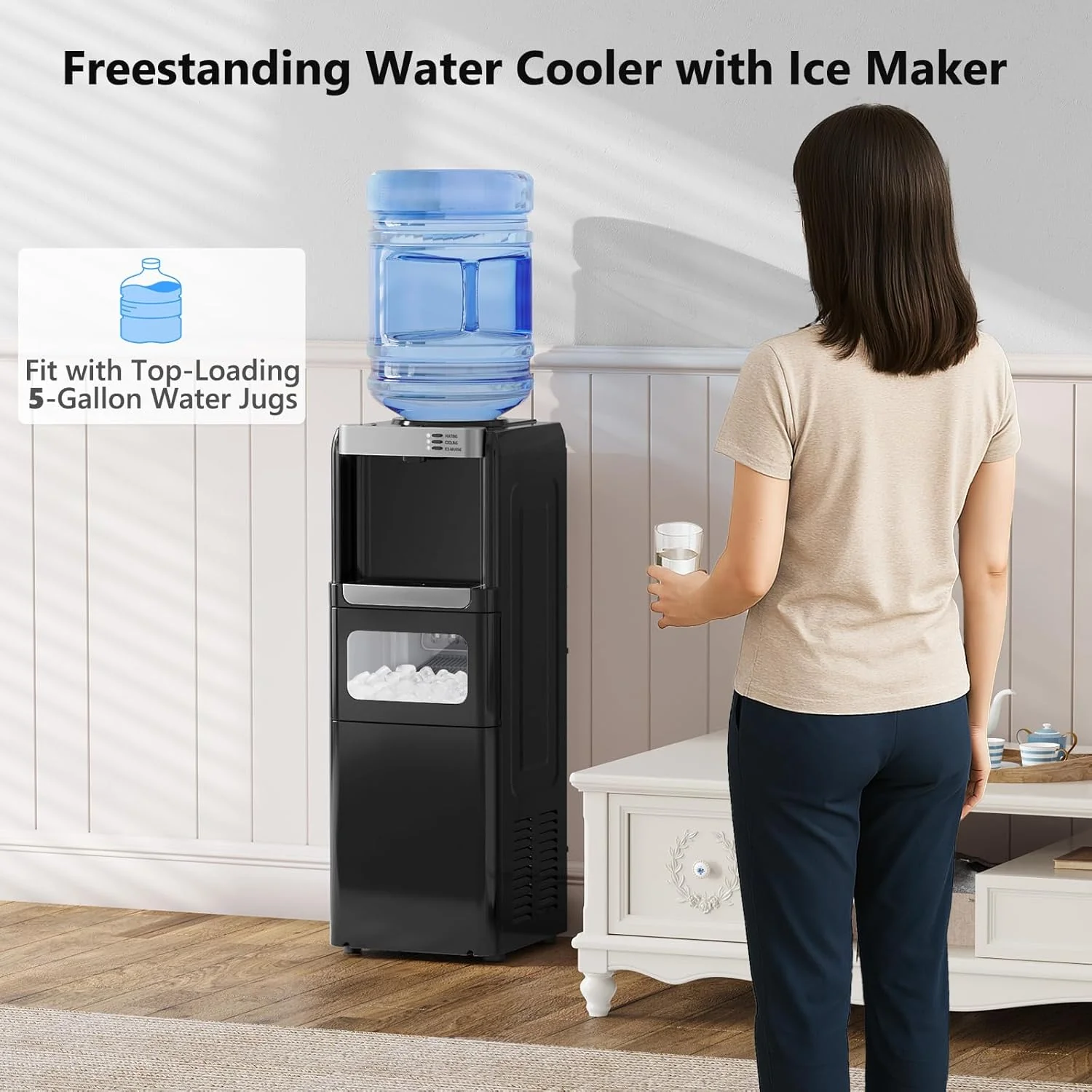 Top Loading Water Dispenser with Ice Maker, Hot & Cold, 5 Gallon, Child Lock, Black - Image 2