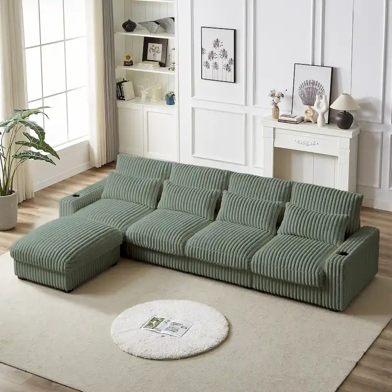 126W Large L-Shaped Corduroy Sofa with USB Charging Port - Image 8