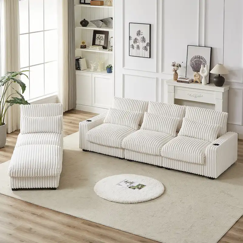 126W Large L-Shaped Corduroy Sofa with USB Charging Port - Image 17