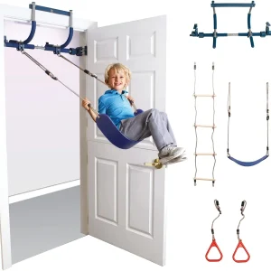 6 Piece Indoor Doorway Gym Set for Kids – Indoor Swing for Kids Includes Kids Swing Chair, Rings, Hanging Trapeze, Ladder, Swinging Rope & Pullup Bar