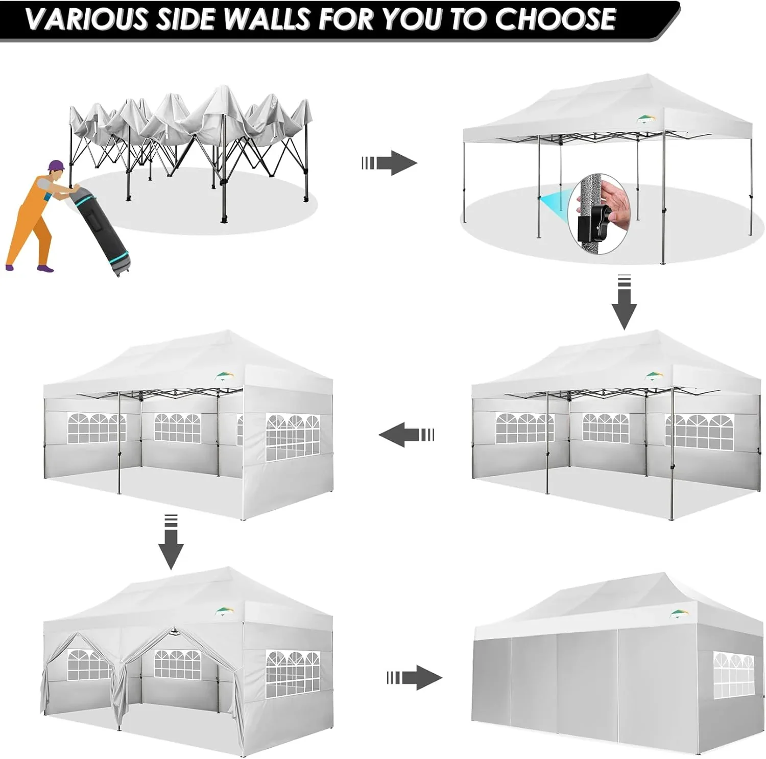 COBIZI 10x20 Heavy Duty Pop up Canopy Tent with 6 sidewalls Easy Up Commercial Outdoor Canopy Wedding Party Tents for Parties All Season Wind & Waterproof Gazebo with Roller Bag,Black(Frame Thickened) - Image 175