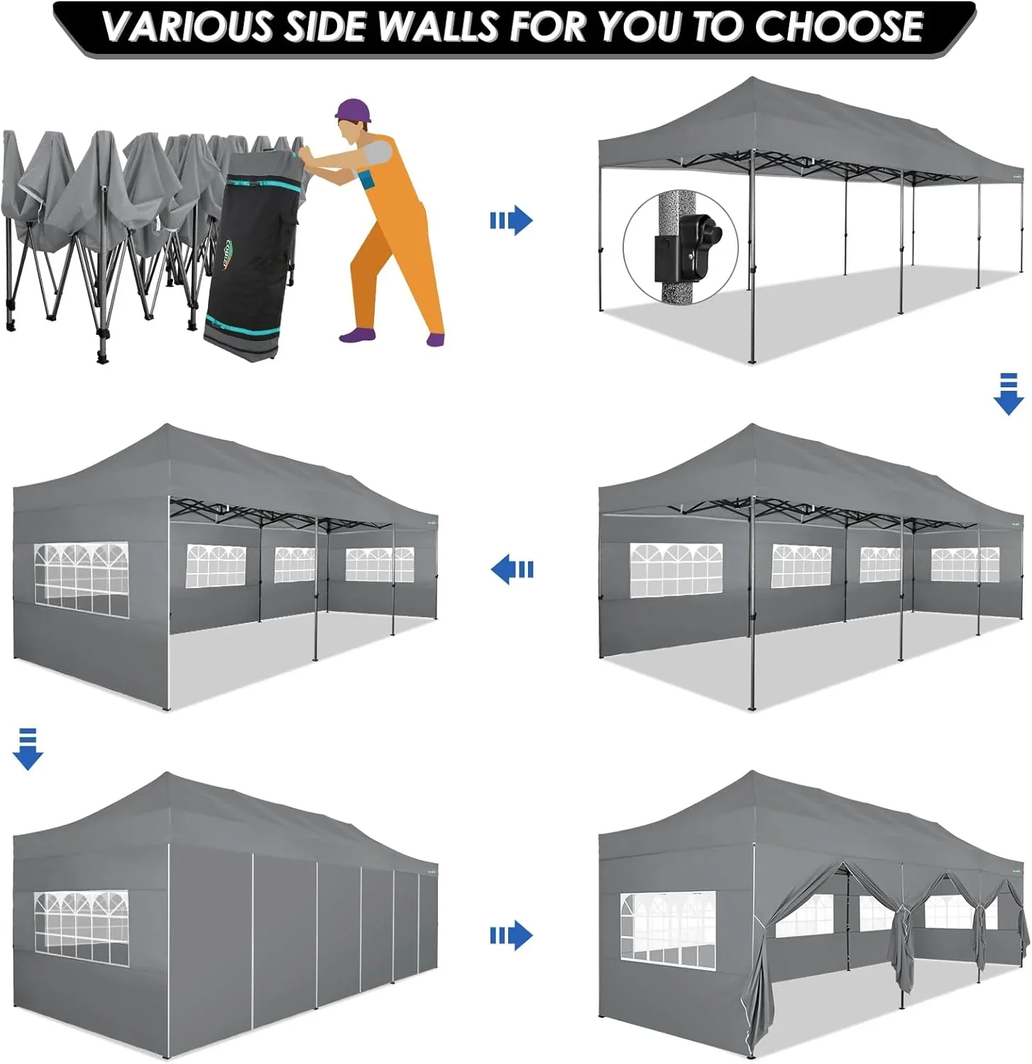 COBIZI 10x20 Heavy Duty Pop up Canopy Tent with 6 sidewalls Easy Up Commercial Outdoor Canopy Wedding Party Tents for Parties All Season Wind & Waterproof Gazebo with Roller Bag,Black(Frame Thickened) - Image 139