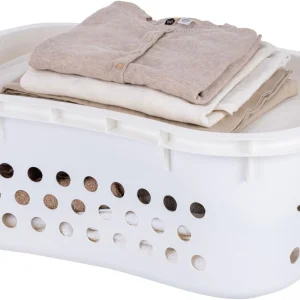 Plastic Laundry Basket - Large Clothes Hamper with Ventilation Holes, Built-In Handles & Hip Hold - 1.5 Bushel (50L) | White