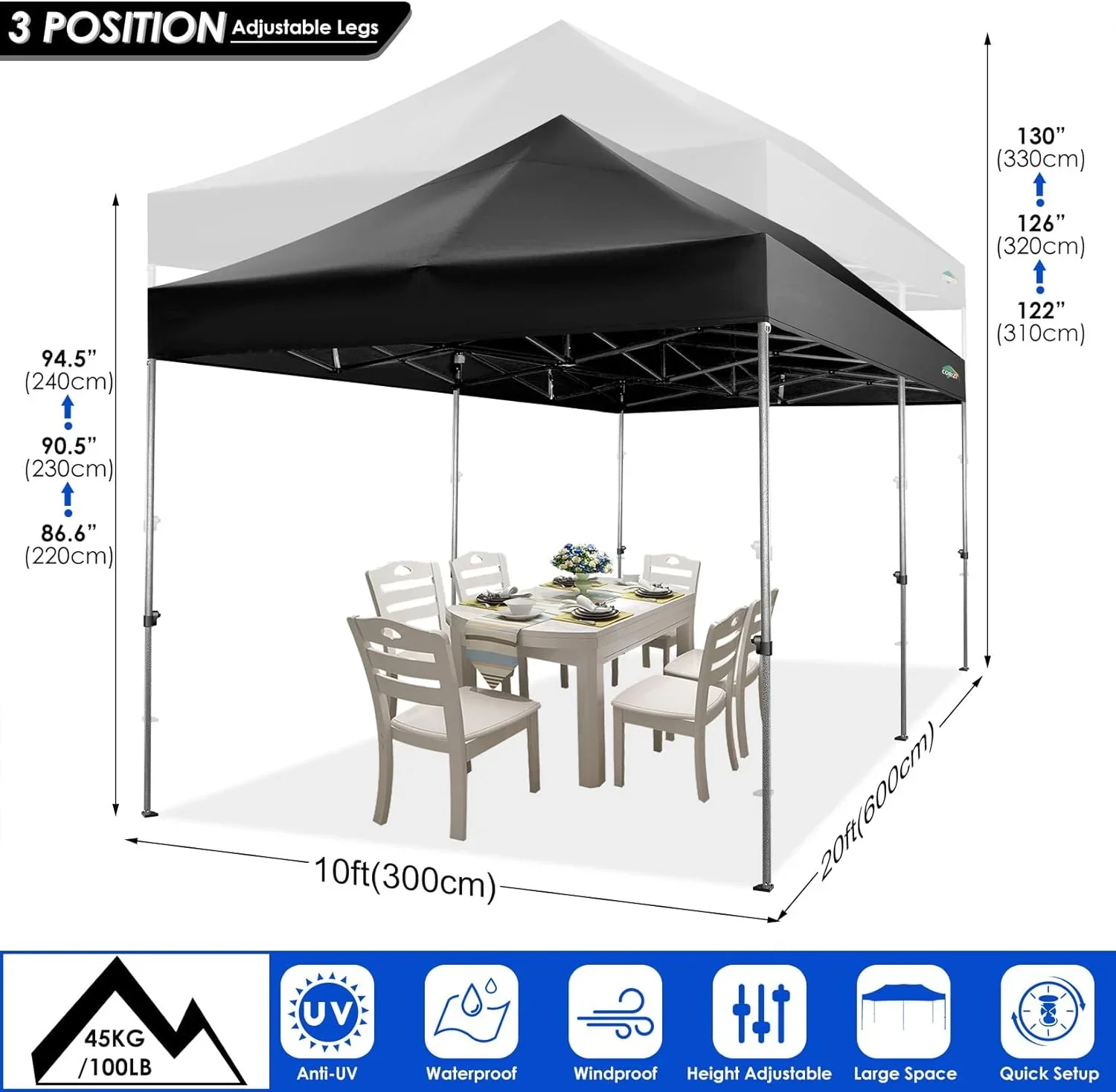 COBIZI 10x20 Heavy Duty Pop up Canopy Tent with 6 sidewalls Easy Up Commercial Outdoor Canopy Wedding Party Tents for Parties All Season Wind & Waterproof Gazebo with Roller Bag,Black(Frame Thickened) - Image 41