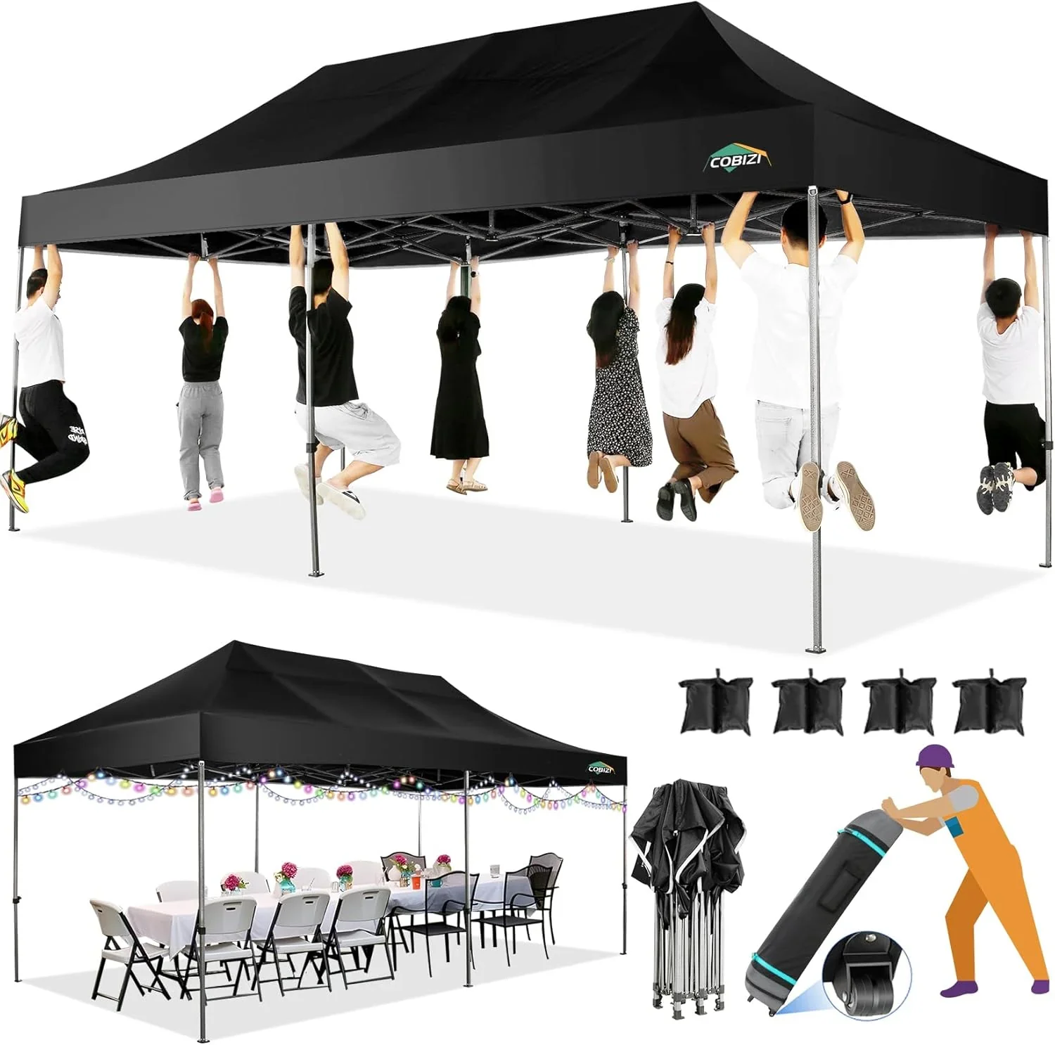 COBIZI 10x20 Heavy Duty Pop up Canopy Tent with 6 sidewalls Easy Up Commercial Outdoor Canopy Wedding Party Tents for Parties All Season Wind & Waterproof Gazebo with Roller Bag,Black(Frame Thickened) - Image 12