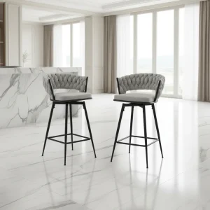 Pair of Swivel Bar Stools with Comfortable Linen Cushions - Counter Height Seating for Kitchen Islands, Dining Areas, or Pubs