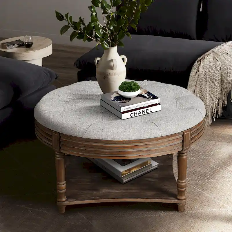 Round Storage Ottoman Coffee Table with Tufted Seat and Wooden Base - Image 4