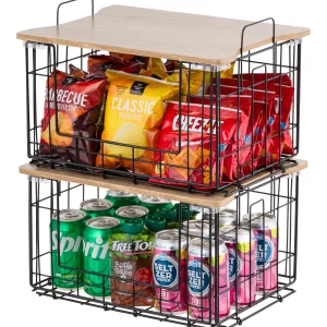 Collapsible Square Wire Basket Storage with Wooden Lid, 2 Pack