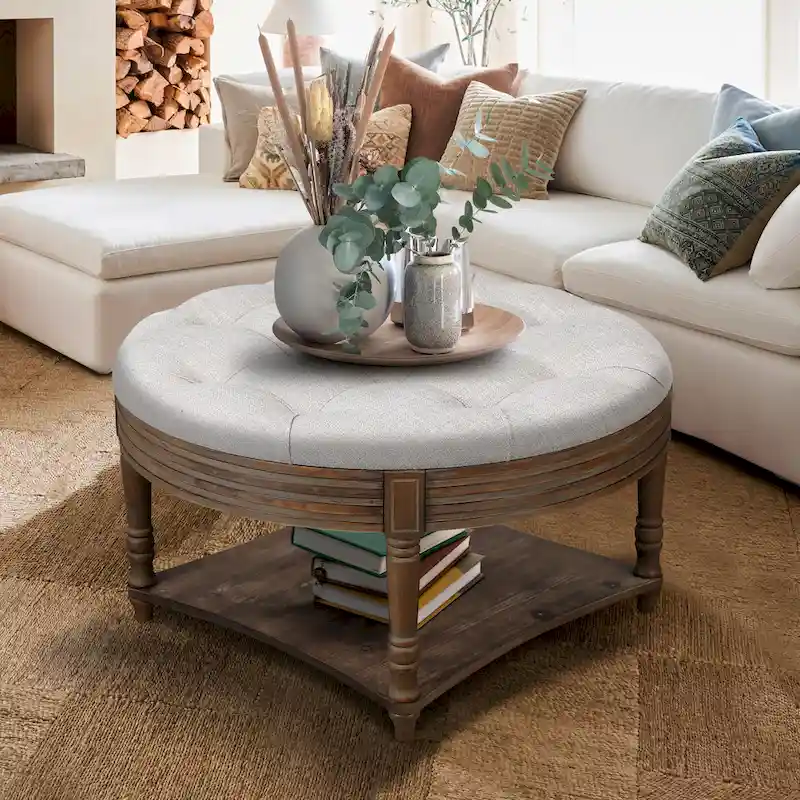Round Storage Ottoman Coffee Table with Tufted Seat and Wooden Base - Image 3