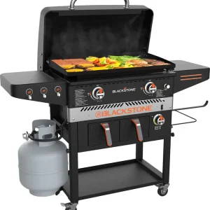 Blackstone 1962 Air Fryer Combo & Two Burners Stainless Steel Gas Hood, Wheels, Two Side Shelf – Heavy Duty Outdoor Griddle Station for Backyard, Patio, 28 inch Black
