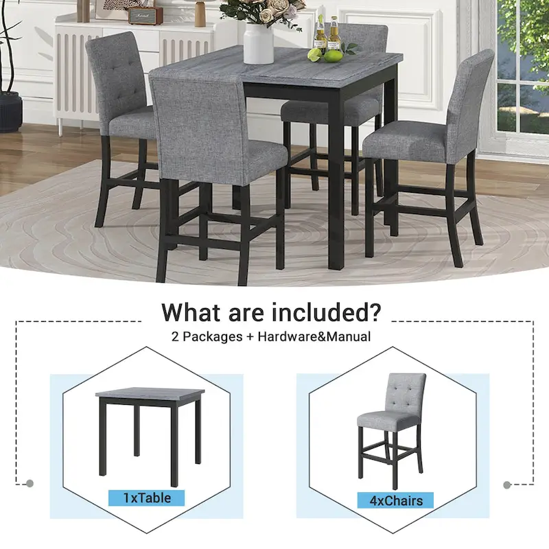 5 Piece Counter Height Dining Set, Wood Dining Table Set with Rectangle Table and 4 Upholstered High Back Chairs - Image 6