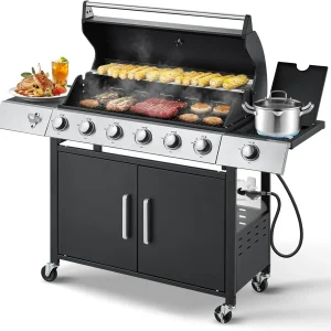 Upgraded 4 Burner BBQ Propane Gas Grill with Cast Iron Grates & Side Stove, 44,000 BTU Stainless Steel Burner Barbecue Grill for Patio, Camping, Outdoor Cooking.