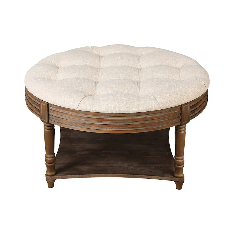 Round Storage Ottoman Coffee Table with Tufted Seat and Wooden Base - Image 19