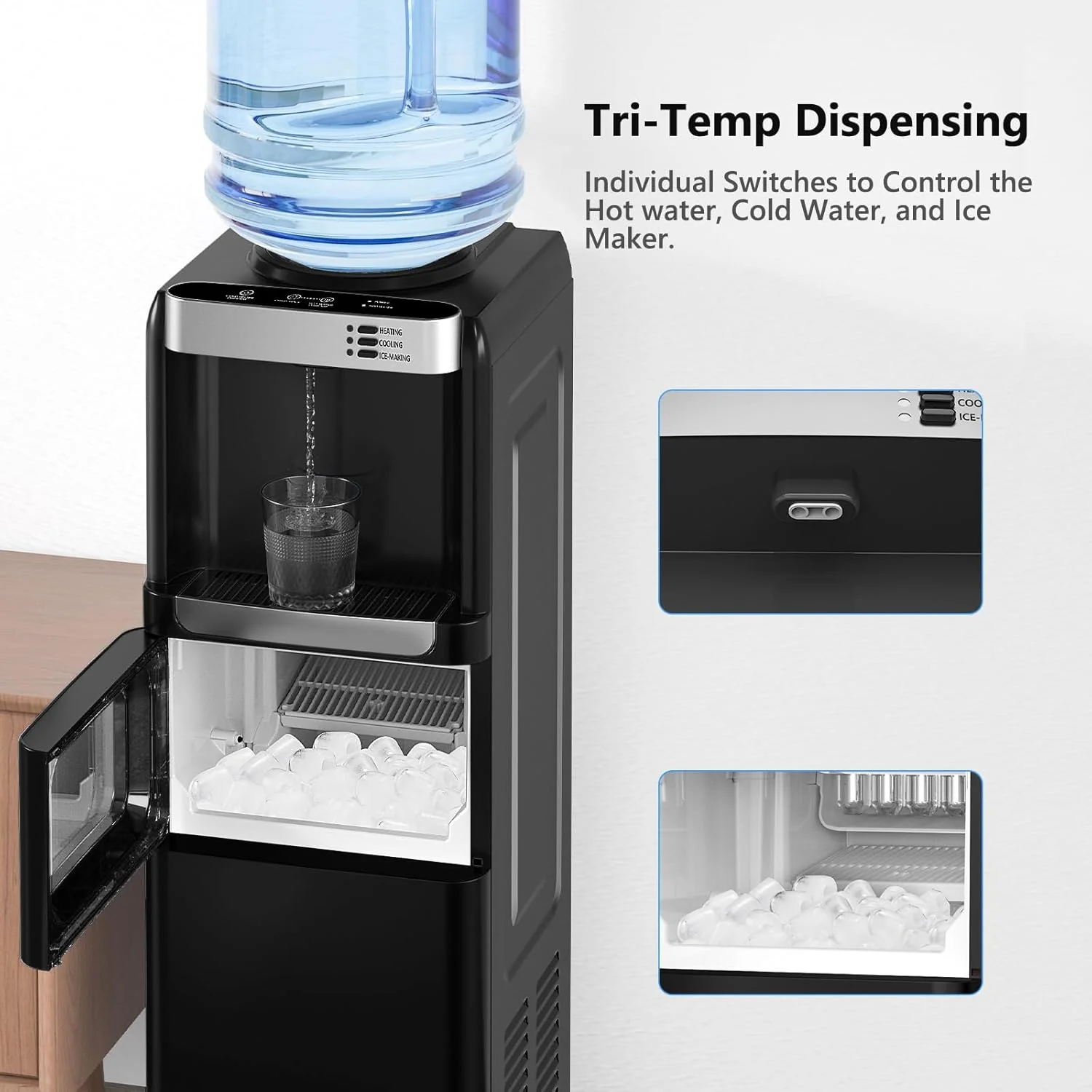Top Loading Water Dispenser with Ice Maker, Hot & Cold, 5 Gallon, Child Lock, Black - Image 3