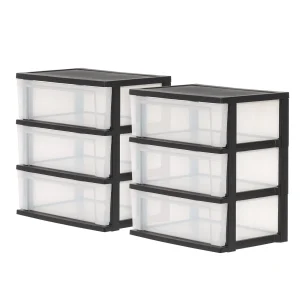 3-Drawer Wide Plastic Storage Drawer, Black, Set of 2