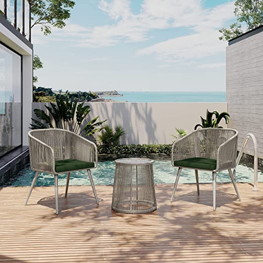 Patio Furniture Set 3-Piece Outside Bistro Set Handwoven Rattan Wicker Chairs with Waterproof Cushions Tempered Glass Table Outdoor Conversation Set for Porch Brown & Light Grey - Image 3