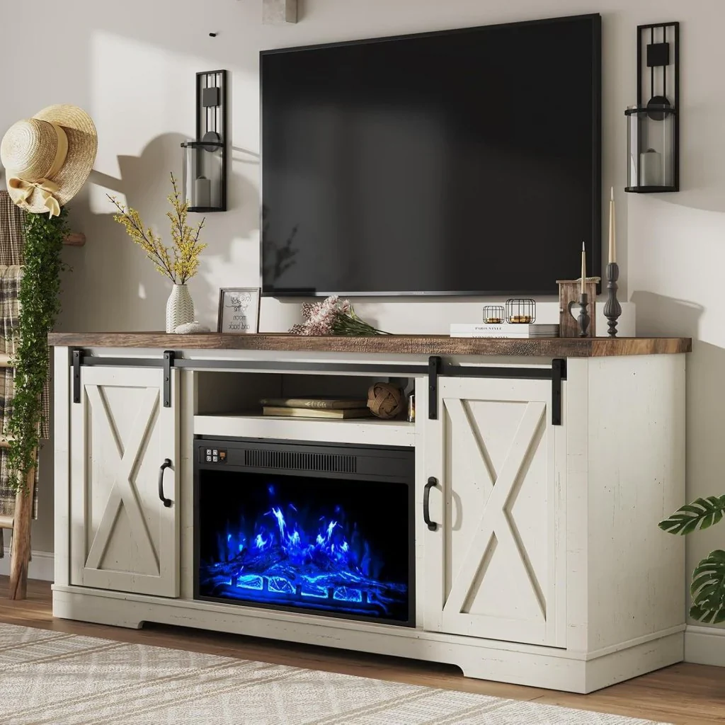 AMERLIFE Fireplace TV Stand with Sliding Barn Door for TVs up to 73", Farmhouse 63" Fireplace Entertainment Center with Storage Cabinets/Adjustable Shelves - Image 4