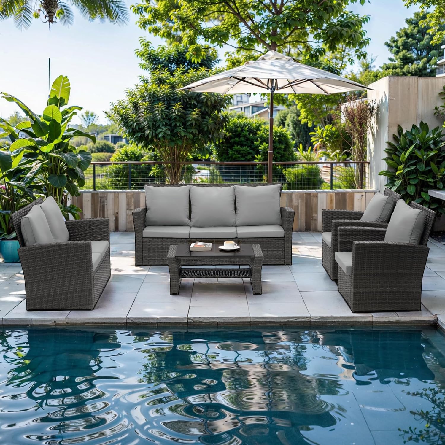 Wisteria Lane 4 Piece Outdoor Patio Furniture Sets, Wicker Conversation Set for Porch Deck, Grey Rattan Sofa Chair with Cushion Blue - Image 3