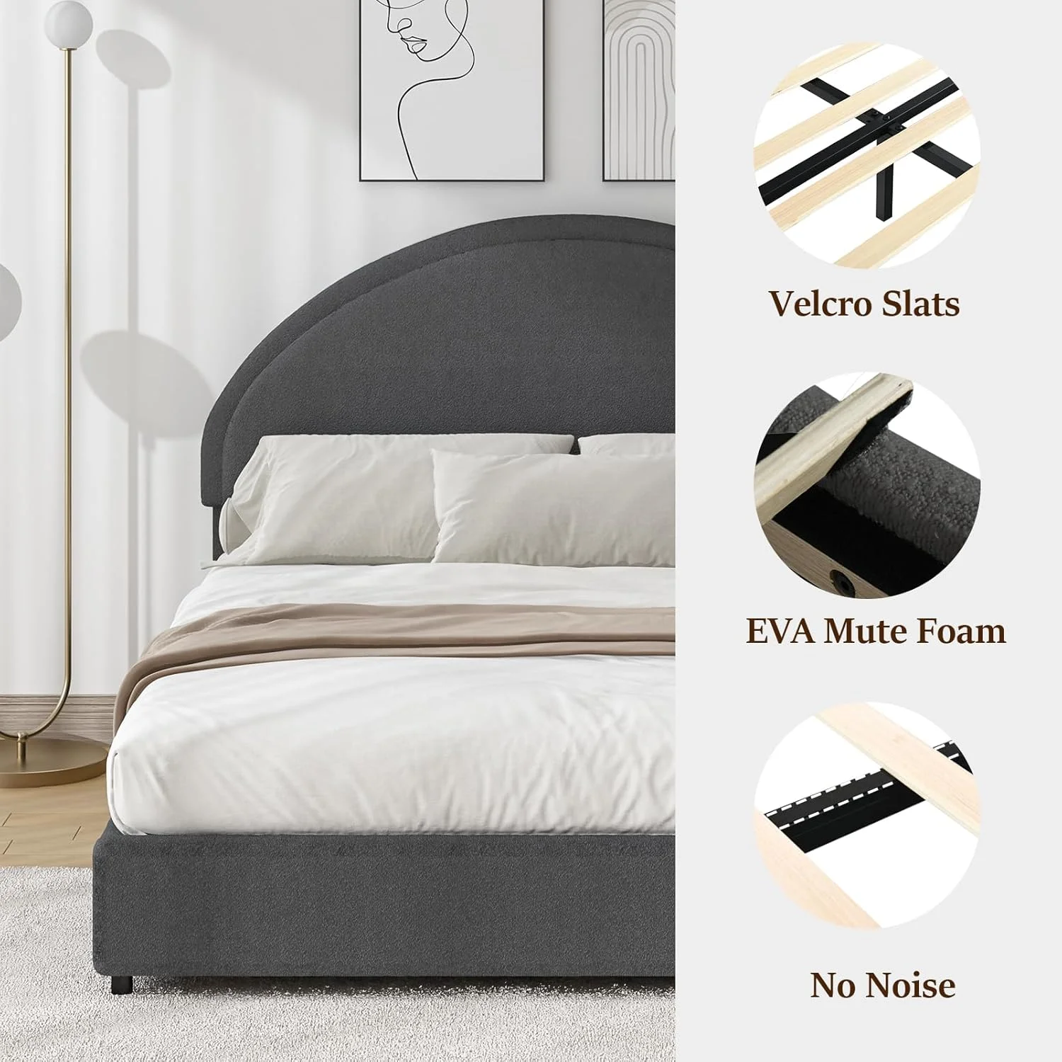 4 EVER WINNER Queen Size Bed Frame, Boucle Upholstered Bed Frame with Headboard, White Queen Bed Frame, White - Image 17