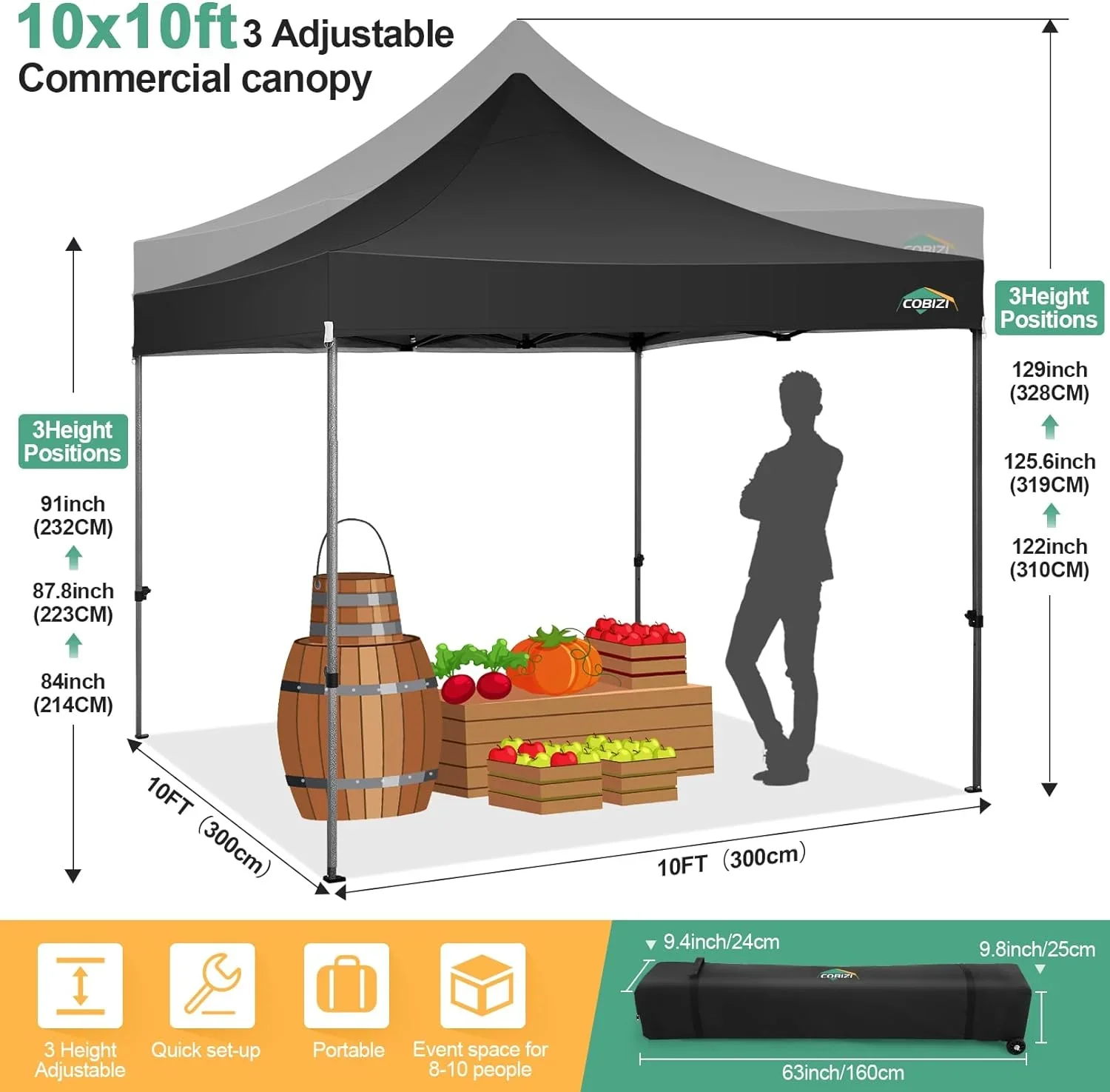 COBIZI 10x20 Heavy Duty Pop up Canopy Tent with 6 sidewalls Easy Up Commercial Outdoor Canopy Wedding Party Tents for Parties All Season Wind & Waterproof Gazebo with Roller Bag,Black(Frame Thickened) - Image 99