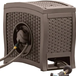 Suncast Aquawinder 125 Wicker Garden Hose Reel Lightweight Portable Hands Free Water Powered Retractable Hose Reel Java