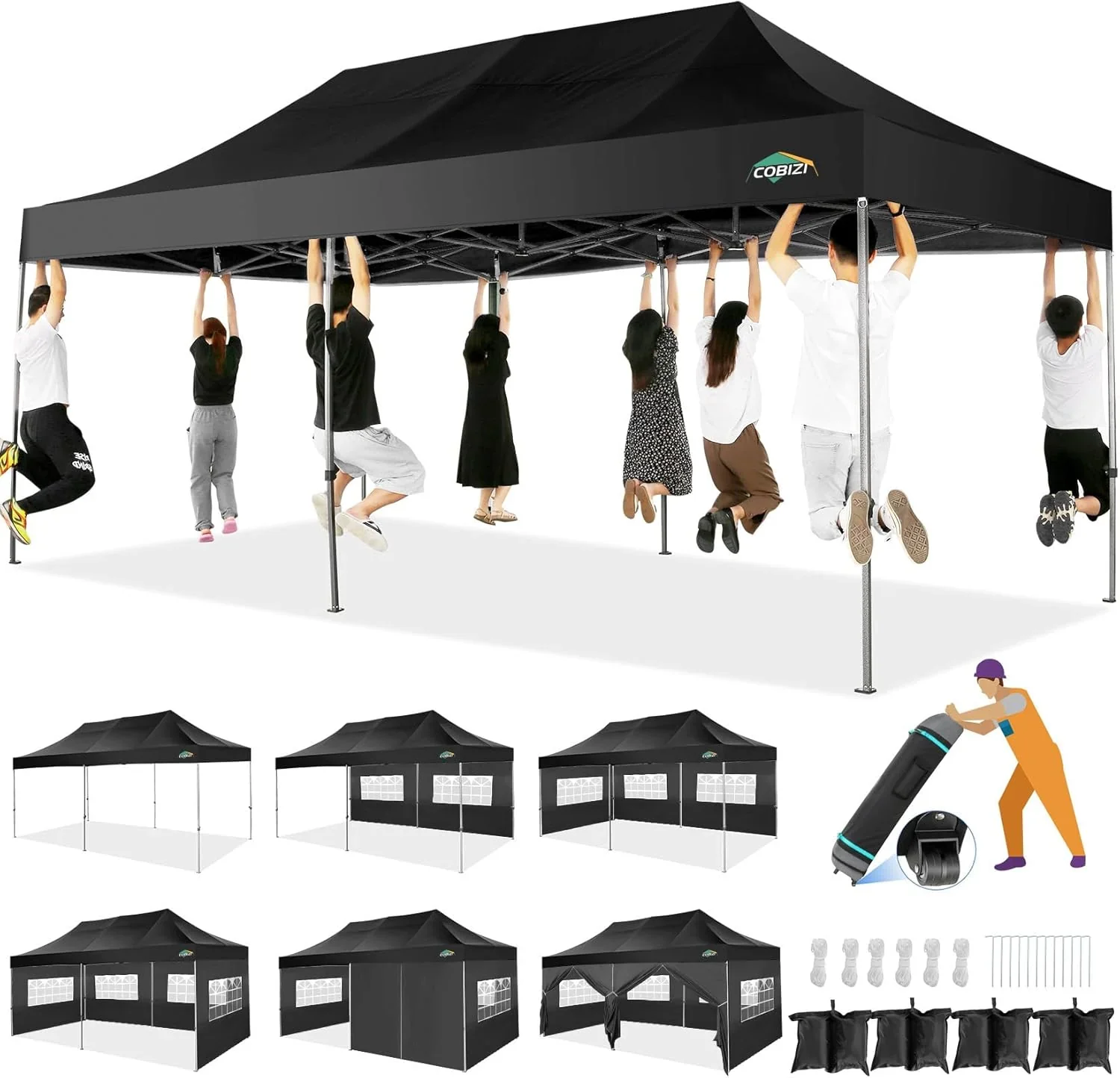 COBIZI 10x20 Heavy Duty Pop up Canopy Tent with 6 sidewalls Easy Up Commercial Outdoor Canopy Wedding Party Tents for Parties All Season Wind & Waterproof Gazebo with Roller Bag,Black(Frame Thickened) - Image 3