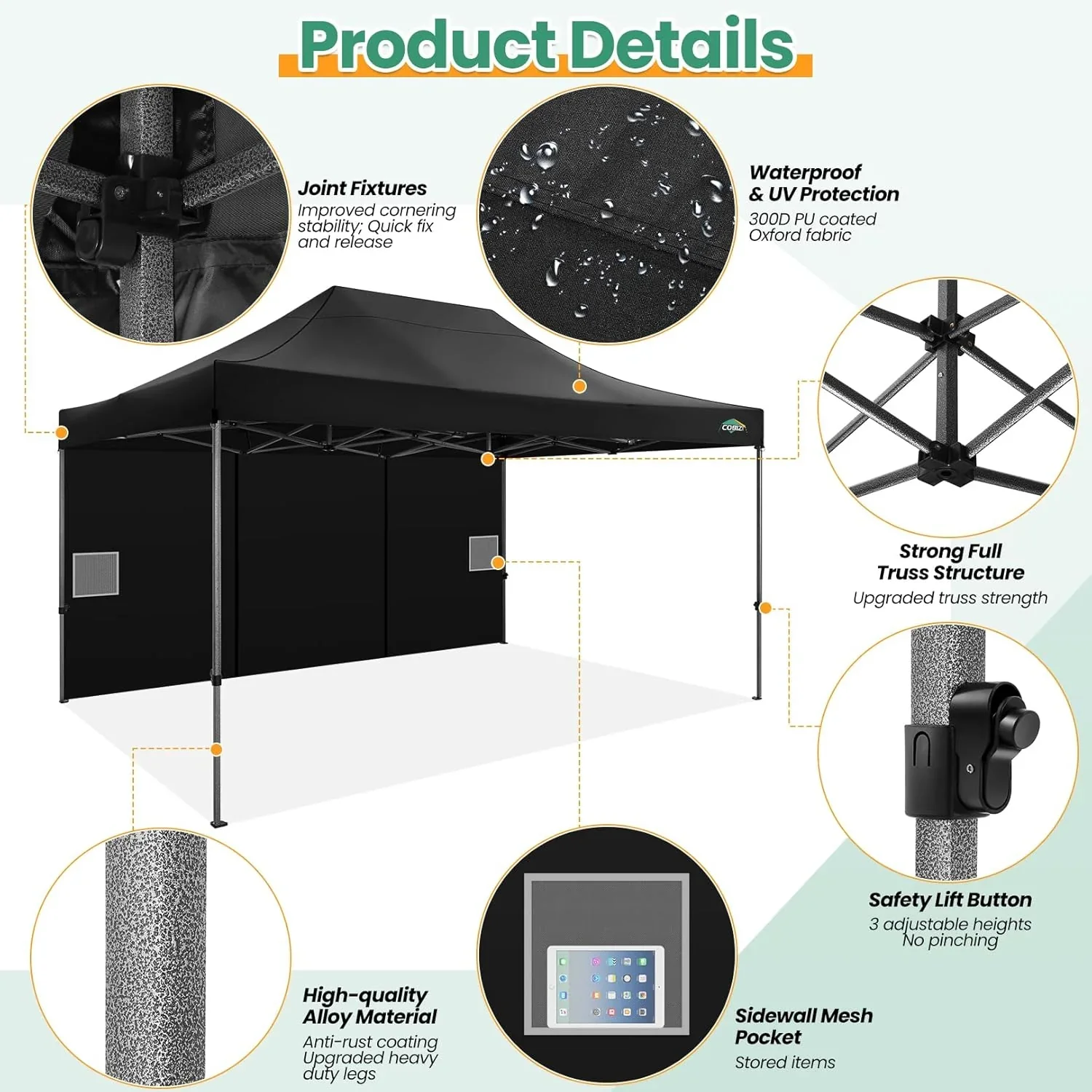 COBIZI 10x20 Heavy Duty Pop up Canopy Tent with 6 sidewalls Easy Up Commercial Outdoor Canopy Wedding Party Tents for Parties All Season Wind & Waterproof Gazebo with Roller Bag,Black(Frame Thickened) - Image 132